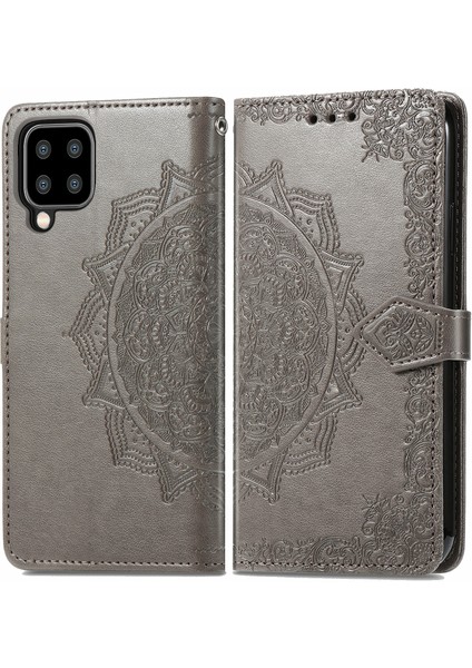 Samsung Galaxy A22 4g (Ab Versiyonu) Için Kabartmalı Mandala Çiçek Pu Deri Çanta Standı Cüzdanı -Grey (Yurt Dışından)