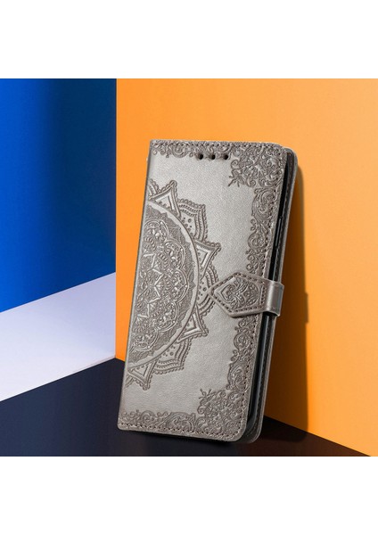 Samsung Galaxy A22 4g (Ab Versiyonu) Için Kabartmalı Mandala Çiçek Pu Deri Çanta Standı Cüzdanı -Grey (Yurt Dışından)