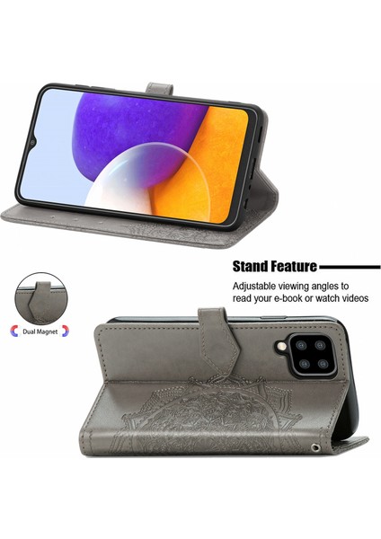 Samsung Galaxy A22 4g (Ab Versiyonu) Için Kabartmalı Mandala Çiçek Pu Deri Çanta Standı Cüzdanı -Grey (Yurt Dışından)