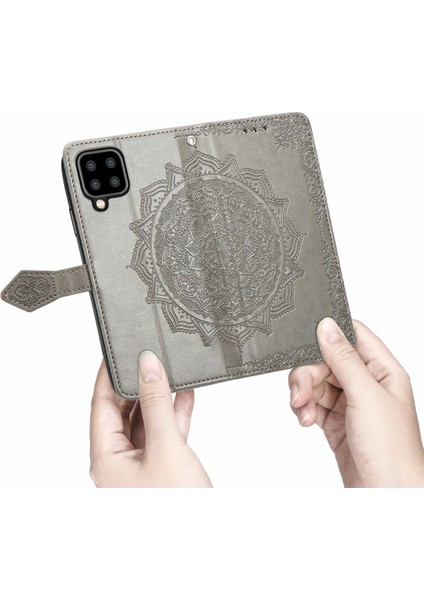 Samsung Galaxy A22 4g (Ab Versiyonu) Için Kabartmalı Mandala Çiçek Pu Deri Çanta Standı Cüzdanı -Grey (Yurt Dışından)