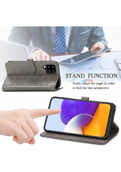 Samsung Galaxy A22 4g (Ab Versiyonu) Için Kabartmalı Mandala Çiçek Pu Deri Çanta Standı Cüzdanı -Grey (Yurt Dışından)