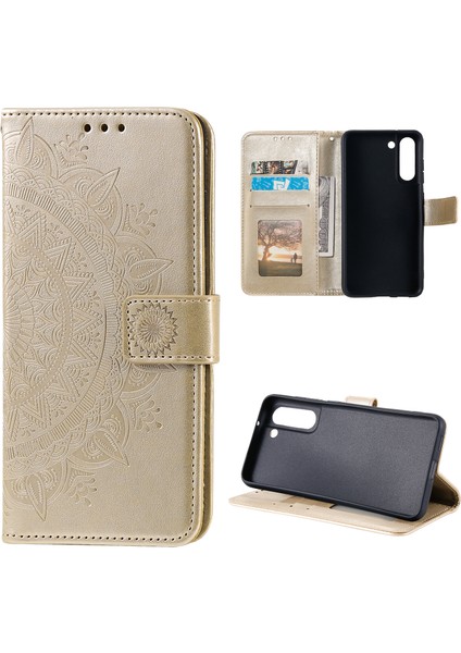 Samsung Galaxy S21 Fe-Gold Için Basılı Mandala Çiçek Cüzdan Deri Kılıf (Yurt Dışından)
