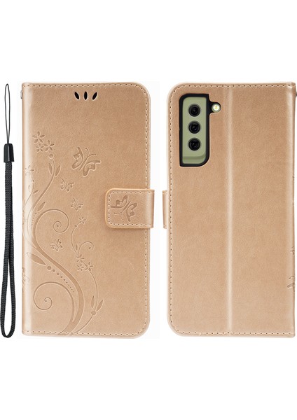 Samsung Galaxy S21 Fe-Gold Için Kelebekler ve Çiçek Basılı Deri Cüzdan Stand Tasarım Kılıfı (Yurt Dışından)