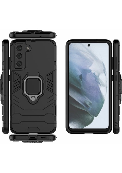 2-1 Arada Pc Tpu Cool Guard Hibrid Kapak Samsung Galaxy S21 Fe-Black Için Yüzük Tutucu Kickstand ile Iyi Korumalı Kılıf (Yurt Dışından)