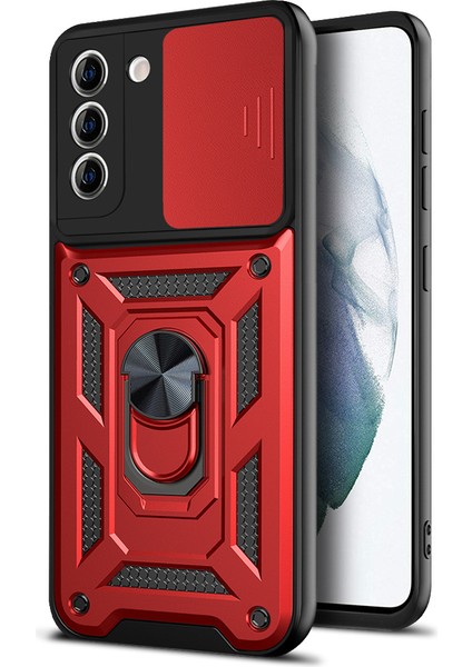Samsung Galaxy S21 Fe-Red Için Ring Tutucu Kickstand ile Kamera Push Pencere Telefon Kılıfı Kapağı (Yurt Dışından)