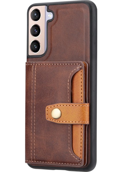 Samsung Galaxy S21 Fe-Brown Için Kart Yuvaları ile Pu Deri Kaplamalı Tpu Kılıfı+Kickstand (Yurt Dışından)