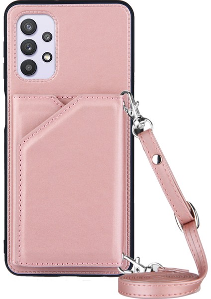 Stand Kartı Tutucu Parlak Deri Tpu Samsung Galaxy A32 5G/M32 5g Omuz Kayışı Rozet Altın (Yurt Dışından)