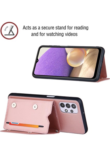 Stand Kartı Tutucu Parlak Deri Tpu Samsung Galaxy A32 5G/M32 5g Omuz Kayışı Rozet Altın (Yurt Dışından)
