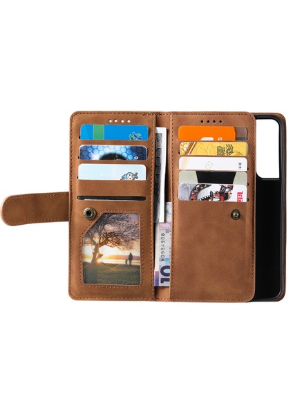 9 Kart Yuvaları Pu Deri+Tpu Katlanabilir Stand Cüzdan Telefon Kılıfı Kapak Samsung Galaxy S22+5G-BROWN Için Fermuar Cepi (Yurt Dışından)