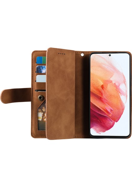 9 Kart Yuvaları Pu Deri+Tpu Katlanabilir Stand Cüzdan Telefon Kılıfı Kapak Samsung Galaxy S22+5G-BROWN Için Fermuar Cepi (Yurt Dışından)
