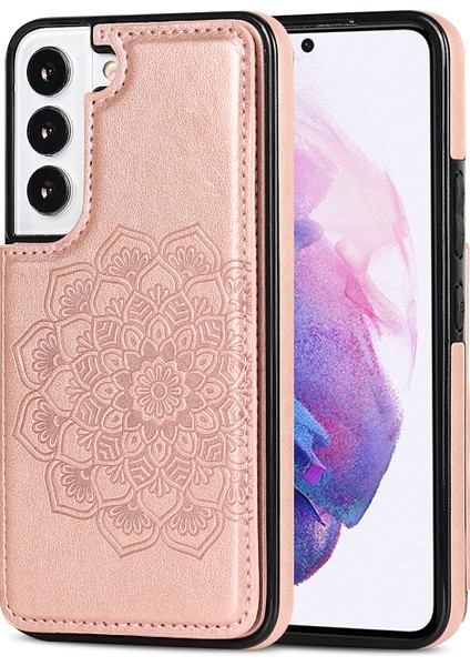 Kart Sahibi Çizilmeye Dayanıklı Pu Deri Kaplamalı Tpu Telefon Kılıfı Samsung Galaxy S22 Ultra 5g-Rose Gold Için Mandala Çiçek Kickstand Telefon Kapağı (Yurt Dışından)