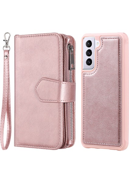 Samsung Galaxy S21+5G Söndürülebilir 2'si Deri Kılıf Kabuğu ile Samsung Galaxy Stand Tasarımı Fermuar Pocket-Rose Altın (Yurt Dışından)