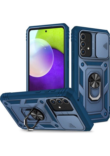 Slayt Kamera Kapağı Tasarım Hibrit Telefon Kılıf Kickstand Shell Samsung Galaxy A52S 5G/A52 4g/5g-Blue Için Kart Tutucu ile (Yurt Dışından)