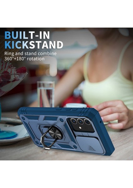 Slayt Kamera Kapağı Tasarım Hibrit Telefon Kılıf Kickstand Shell Samsung Galaxy A52S 5G/A52 4g/5g-Blue Için Kart Tutucu ile (Yurt Dışından) modelleri