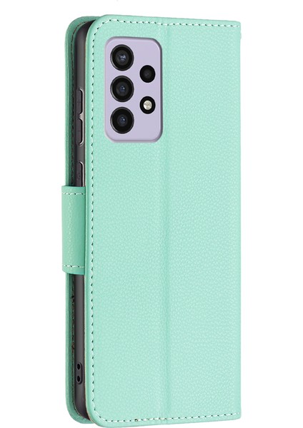 Samsung Galaxy A33 Için 5g Litchi Doku Pu Deri Deri Telefon Kılıfı Cüzdan Strap-Green ile Düz Renk Anti-Fall Telefon Kapağı (Yurt Dışından)