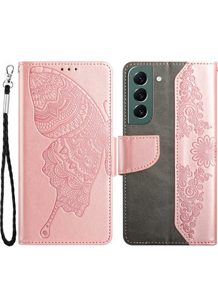 Kelebek Çiçeği Samsung Galaxy S22+5G Için Baskılı Kılıf, Pu Deri Cüzdan Stand Telefon Kapak Golü Altın (Yurt Dışından)