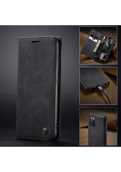 Samsung Galaxy A02S (166.5X75.9X9.2MM) Pu Deri Cüzdan Kasası Gizli Manyetik Absorpsiyon Standı Özellik Flip Cover-Black (Yurt Dışından)
