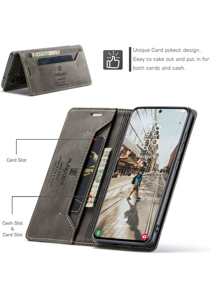 Samsung Galaxy S21 Fe 5g Manyetik Kapatma Kabuğu Için, Etkiye Dayanıklı Retro Mat Pu Deri Deri Cüzdan Flip Stand Kapağı Rfıd Engelleme Grey (Yurt Dışından)