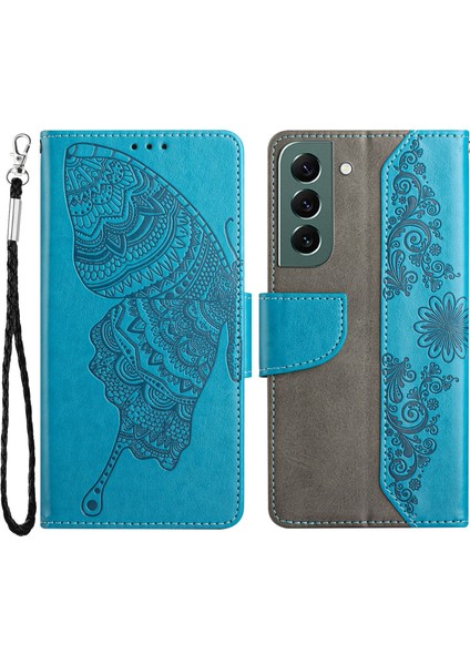 Kelebek Çiçeği Samsung Galaxy S22+5G Için Baskılı Kılıf, Pu Deri Cüzdan Stand Telefon Kapak-Mavi (Yurt Dışından)