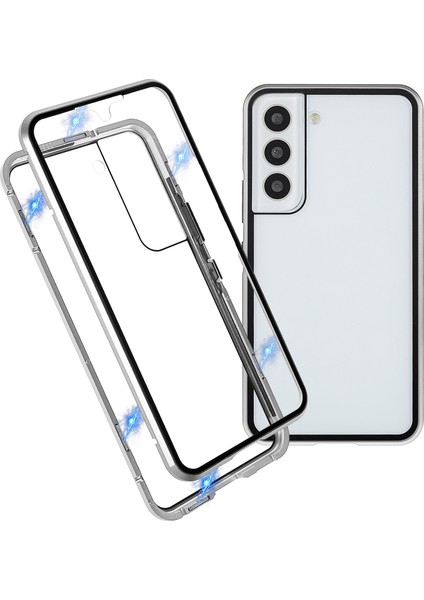 Samsung Galaxy S22 Için 5g 360 Derece Tam Koruma Telefon Kılıfı Metal Tampon+Çift Taraflı Temperli Cam Anti-Güz Anti Kabuğu Manyetik Kapanma Silver (Yurt Dışından)