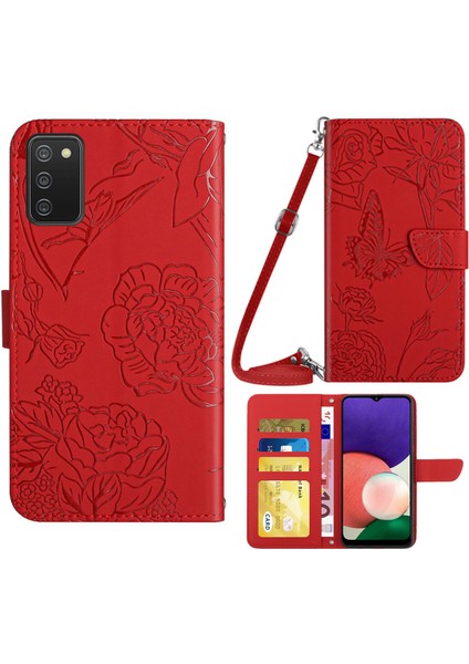 Samsung Galaxy A02S (164.2X75.9X9.1MM) Için Cep Telefonu Kapağı, Cilt Dokunuşlu Pu Deri Desen Baskı Tasarım Eller Serbest Stand Cüzdan Telefon Kasası Omuz Kayışı-Kırmızısı (Yurt Dışından)