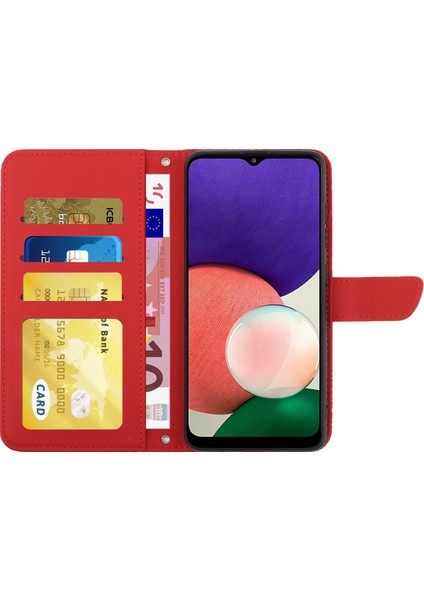 Samsung Galaxy A02S (164.2X75.9X9.1MM) Için Cep Telefonu Kapağı, Cilt Dokunuşlu Pu Deri Desen Baskı Tasarım Eller Serbest Stand Cüzdan Telefon Kasası Omuz Kayışı-Kırmızısı (Yurt Dışından)