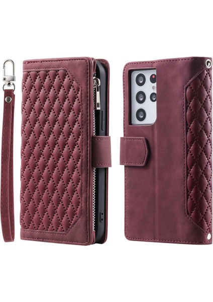 005 Samsung Galaxy S21 Ultra 5g Rhombus Doku Deri Deri Stand Kılıfı Fermuar Cep Cüzdanı Telefon Kapağı Bilek Kayış-Wine Kırmızı (Yurt Dışından)