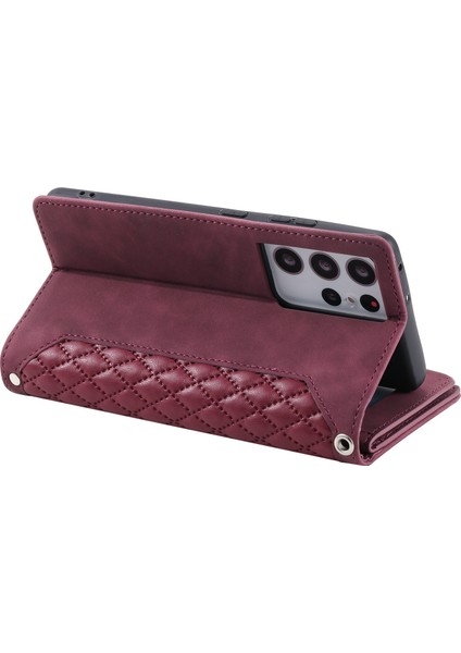 005 Samsung Galaxy S21 Ultra 5g Rhombus Doku Deri Deri Stand Kılıfı Fermuar Cep Cüzdanı Telefon Kapağı Bilek Kayış-Wine Kırmızı (Yurt Dışından)