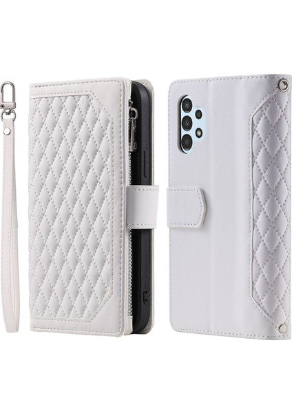 005 Samsung Galaxy A32 5G/M32 5g Fermuar Cep Tasarım Telefon Stand Cüzdan Pu Deri Kapak Rhombus Doku Koruyucu Kılıf Koruyucu Kılıf Strap-White (Yurt Dışından)