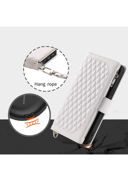 005 Samsung Galaxy A32 5G/M32 5g Fermuar Cep Tasarım Telefon Stand Cüzdan Pu Deri Kapak Rhombus Doku Koruyucu Kılıf Koruyucu Kılıf Strap-White (Yurt Dışından)
