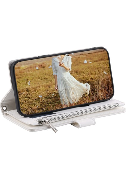 005 Samsung Galaxy A32 5G/M32 5g Fermuar Cep Tasarım Telefon Stand Cüzdan Pu Deri Kapak Rhombus Doku Koruyucu Kılıf Koruyucu Kılıf Strap-White (Yurt Dışından)