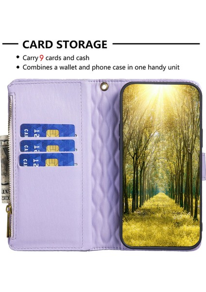 Samsung Galaxy S22+5GIM Baskılı Eşkenar Dörtgen Desenli, Fermuarlı Cep Flip Standı Mat Pu Deri Cüzdan Kapak-Mor (Yurt Dışından)