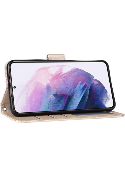 Samsung Galaxy S22+5G Stand Kapağı Için, Bump Düzeltili Folio Flip Pu Deri Deri Cüzdan Cep Telefon Kılıfı Lanyard-Gold (Yurt Dışından)
