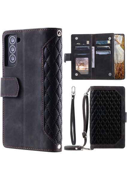 005 Samsung Galaxy Için Stil S21 Fe 5g, Anti-Çizik Fermuar Cep Telefonu Kapağı Rhombus Doku Pu Deri Deri Anti-Fall Cüzdan Kılıf Stand Strap Kart Tutucu-Black (Yurt Dışından)