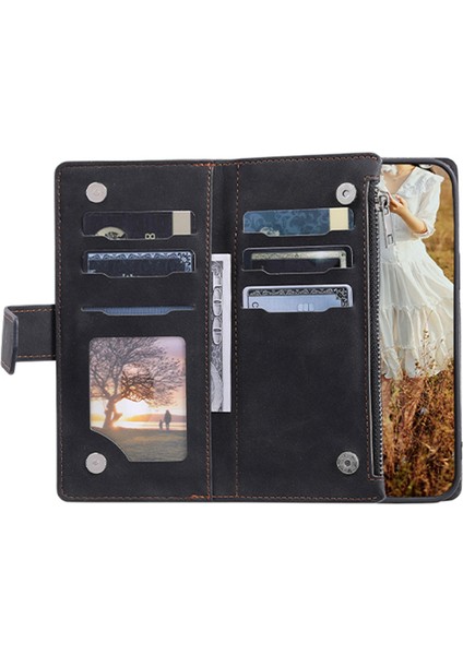 005 Samsung Galaxy Için Stil S21 Fe 5g, Anti-Çizik Fermuar Cep Telefonu Kapağı Rhombus Doku Pu Deri Deri Anti-Fall Cüzdan Kılıf Stand Strap Kart Tutucu-Black (Yurt Dışından)