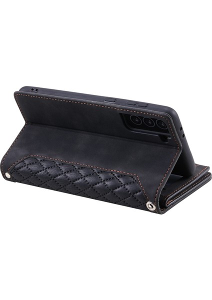005 Samsung Galaxy Için Stil S21 Fe 5g, Anti-Çizik Fermuar Cep Telefonu Kapağı Rhombus Doku Pu Deri Deri Anti-Fall Cüzdan Kılıf Stand Strap Kart Tutucu-Black (Yurt Dışından)
