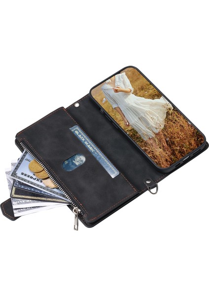 005 Samsung Galaxy Için Stil S21 Fe 5g, Anti-Çizik Fermuar Cep Telefonu Kapağı Rhombus Doku Pu Deri Deri Anti-Fall Cüzdan Kılıf Stand Strap Kart Tutucu-Black (Yurt Dışından)
