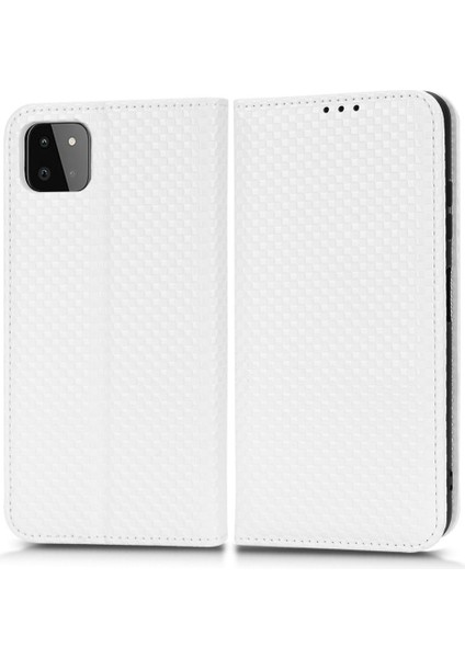 Samsung Galaxy A22 5g (Ab Versiyonu) Izgara Doku Pu Pu Deri Katlanabilir Stand Kılıfı Manyetik Otomatik Emzik Cep Telefonu Cüzdan Kapak-Beyaz (Yurt Dışından)