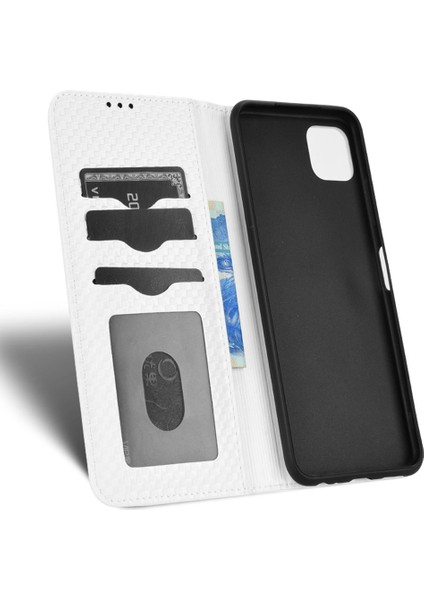 Samsung Galaxy A22 5g (Ab Versiyonu) Izgara Doku Pu Pu Deri Katlanabilir Stand Kılıfı Manyetik Otomatik Emzik Cep Telefonu Cüzdan Kapak-Beyaz (Yurt Dışından)