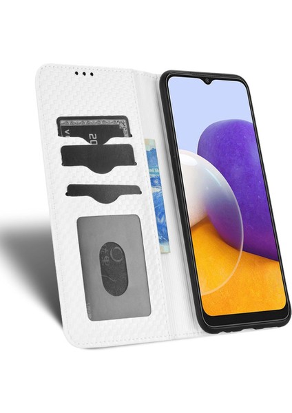 Samsung Galaxy A22 5g (Ab Versiyonu) Izgara Doku Pu Pu Deri Katlanabilir Stand Kılıfı Manyetik Otomatik Emzik Cep Telefonu Cüzdan Kapak-Beyaz (Yurt Dışından)