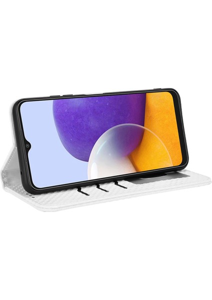 Samsung Galaxy A22 5g (Ab Versiyonu) Izgara Doku Pu Pu Deri Katlanabilir Stand Kılıfı Manyetik Otomatik Emzik Cep Telefonu Cüzdan Kapak-Beyaz (Yurt Dışından)
