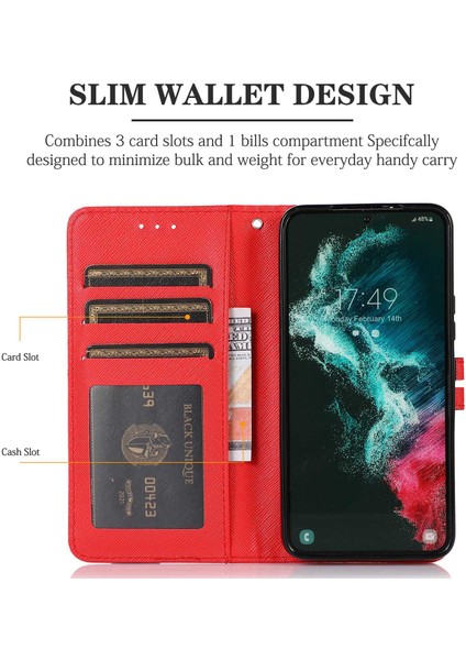 Samsung Galaxy S22 Ultra 5g Anti-Çizelge Anti-Çizelge Telefon Kılıfı Çapraz Doku Damla Damla Dereceli Deri Stand Cüzdan Telefon Kapak-Kırmızı (Yurt Dışından)
