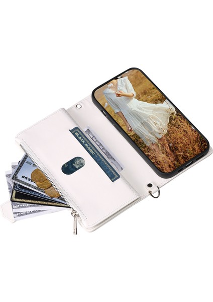 005 Samsung Galaxy S22+5G Için Stil, Çizgi Anti-Çizelge Zipper Cep Telefonu Kapak Rhombus Doku Pu Deri Cüzdan Kılıfı Strap-White ile (Yurt Dışından)