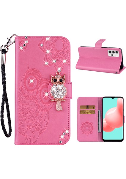 Baykuş Izi Rinestone Dekor Cüzdan Deri Kılıfı Samsung Galaxy A32 5G/M32 5g Stand Kabuk-Pembe (Yurt Dışından)