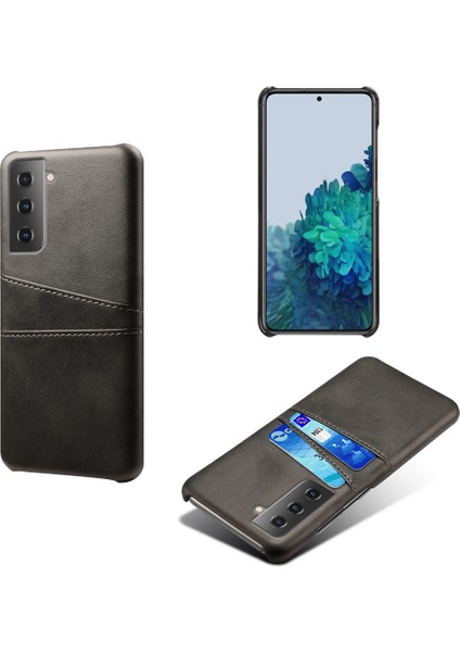 Çift Kart Yuvaları Tasarım Pu Deri Kaplamalı Samsung Galaxy S21 Için Sert Pc Kılıfı Plus 5g-Black (Yurt Dışından)