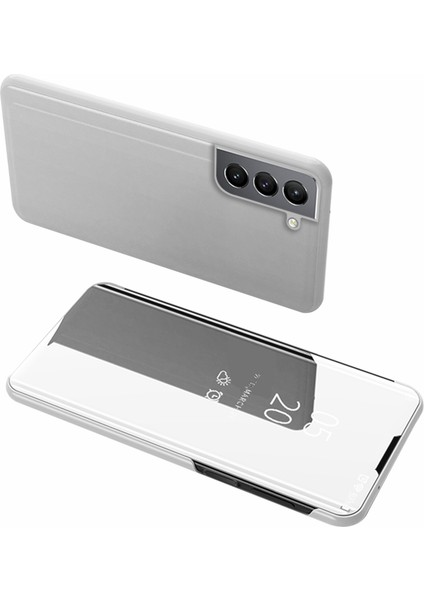 Folio Flip Ayna Yüzey Deri Kaplama Stant Çantası Samsung Galaxy S21 Fe-Silver Için Görünüm Penceresi (Yurt Dışından)