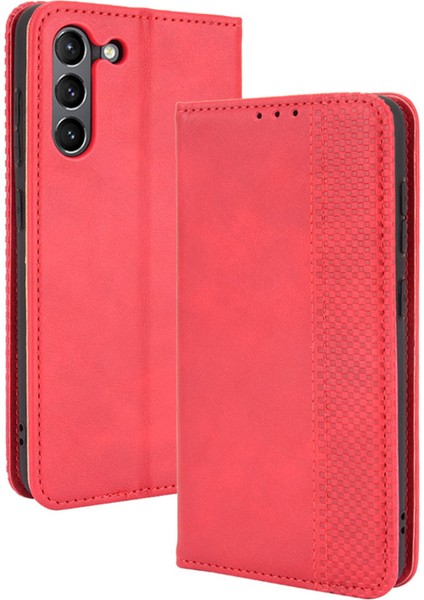 Manyetik Toka Vintage Tarzı Tpu+Deri Telefon Kasası Cüzdan Samsung Galaxy S21 Fe-Red Için (Yurt Dışından)