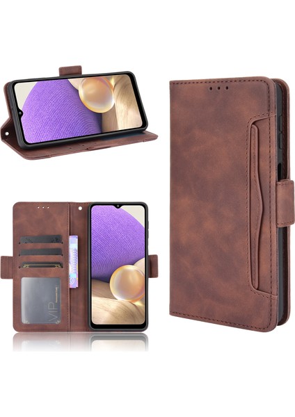 Deri Telefon Cüzdan Tasarım Standı Özellik Koruyucu Kapak Kılıfı Samsung Galaxy A32 5G/M32 5g-Brown Için Çoklu Kart Yuvası (Yurt Dışından)