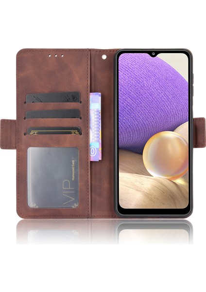 Deri Telefon Cüzdan Tasarım Standı Özellik Koruyucu Kapak Kılıfı Samsung Galaxy A32 5G/M32 5g-Brown Için Çoklu Kart Yuvası (Yurt Dışından)