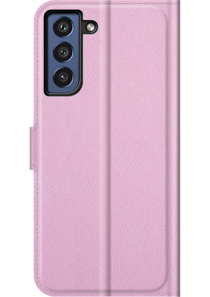 Cüzdan Tasarım Litchi Doku Deri Telefon Kılıfı Samsung Galaxy S21 Fe-Pink Stand ile Foli Flip Kapak (Yurt Dışından)